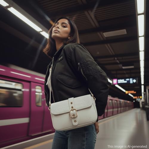Image of BuckleUp White Sling | Faux-Leather Women's bag | Sling with Croco-Textured Flap & Buckle Closure