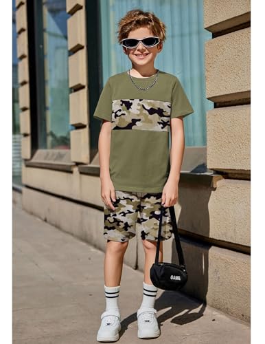 Image of Arshiner Boys' 2-Piece Cotton Outfit Color Block T-Shirt and Shorts Set Summer Camo Clothes for Kids 5-14 Years