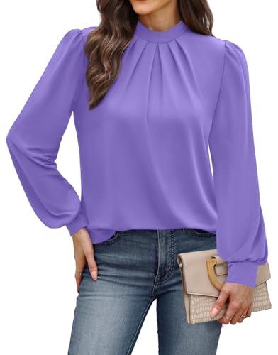Image of WIHOLL Long Sleeve Shirts for Women Mock Neck Tops Pleated Front Blouses Dressy Casual Spring Fall Clothes 2026 Fashion