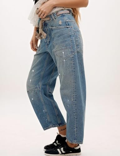Womens Moxie Pull-On Barrel Jeans Mid-Low Rise Boyfriend Drawstring Ankle Baggy Jeans Elastic Waist Stretchy Denim Pants2