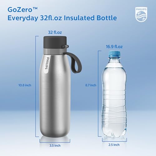 Image of Philips GoZero Everyday Insulated Stainless Steel Water Bottle With Everyday Tap Water Filter Bpa Free Transform Tap Water Into Healthy Tastier Water Keep Drink Hot Cold 18.6 Oz 32 Oz