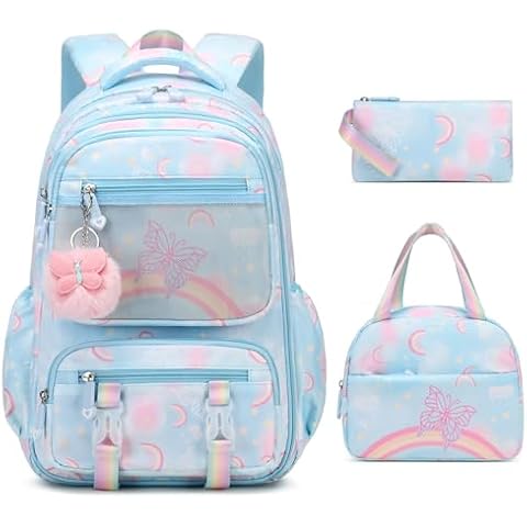 Scothen Backpack for Girls, Rainbow Butterfly Girls Backpacks with Lunch Bag Pencil Case Set, Kids Backpack Kindergarten Elementary Middle School Book Bag for Teen Girls Children Students Cover