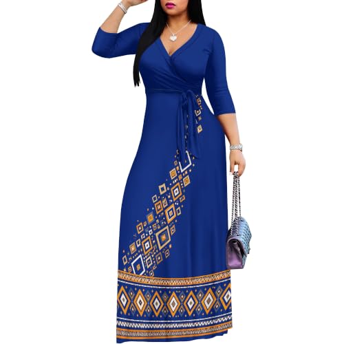Image of Plus Size Maxi Dress for Women V Neck 3 /4 Sleeve Wrap Dress Blue Tribal S | Blue Tribal Geometric Women's Maxi Dress
