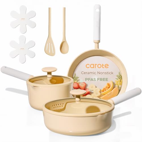 Image of CAROTE Ceramic Cookware Set Nonstick, 9pcs Pots and Pans Set Non stick, Non-Toxic & PFAS-Free,Dishwasher, RV /Camping Cookware Set,Sauce Pan with Lid, Yellow