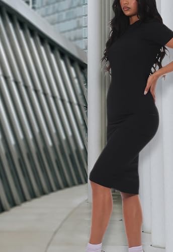 Image of Women's Crew Neck Short Sleeve Slim Fit Ribbed T Shirt Casual Midi Bodycon Dress