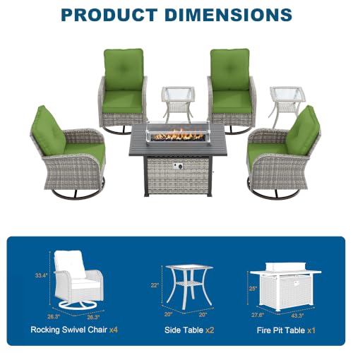 Image of 7-Piece Small Patio Furniture Set, Outdoor Swivel Rocking Chairs Set with 55,000 BTU Fire Pit Table Wicker Chairs and Tempered Glass Side Table, Patio Bistro Set for Balcony, Deck, Porch