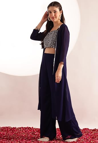 Image of Vbuyz Women's Printed & Embroidered Anarkali Blue Viscose Rayon Kurta With Musturd Cotton Stylish Shrug |Women Kurtas|Stylish Shrug Kurta set|Shrug set|kurta for women