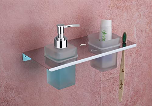 Image of Stainless Steel Toothbrush Holder with Glass Tumbler & Liquid Soap Dispenser Set - Wall Mounted 2-in-1 Bathroom Organizer, Chrome Finish (Square /Frosted Glass) (E 3612)
