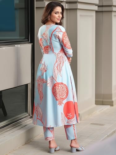 Image of GoSriKi Women's Rayon Viscose Printed Anarkali Kurta with Pant Set | Stylish Sky Blue & Orange Fruit Print Ethnic Suit | Flared Two Piece Kurti Set for Women and Girls