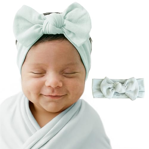 Image of Caden Lane Baby Headwrap with Knotted Bow, Soft & Stretchy Bamboo Viscose, Comfortable Infant Hairband for Newborn & Toddler Girls, Ideal Gift for Baby Shower & Milestone Celebration, Lily Pad Green