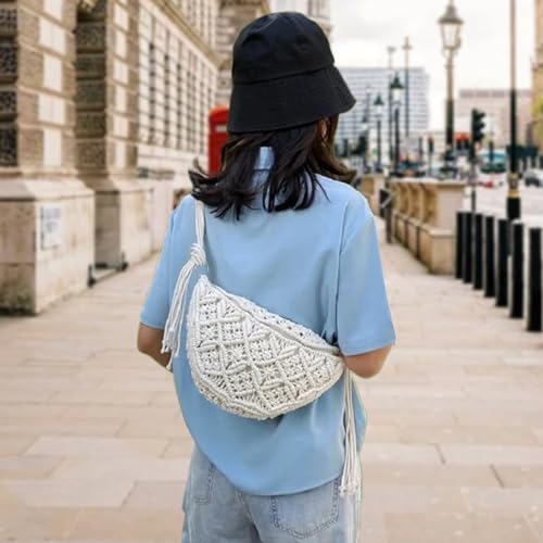 Crochet Beach Bag Boho Woven Cotton Rope Straw Crossbody Bag for Women Rustic Style for Party, Travel, Date (White) Crochet Beach Bag3
