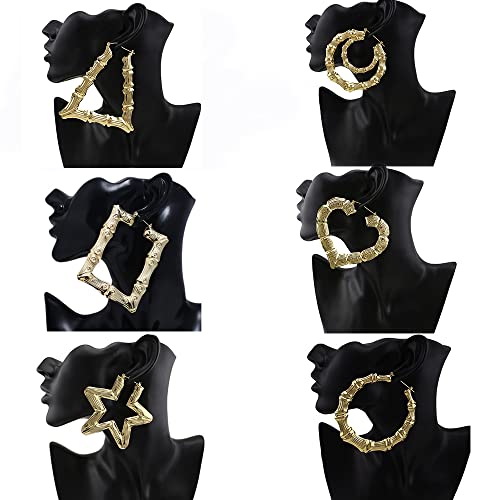 6 Pairs Large Bamboo Shaped Hoop Earrings Set Gold Tone Statement Hip-Hop Earrings for Women Jewelry3