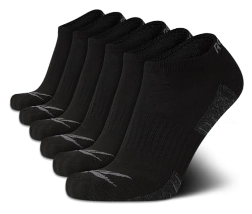 Reebok Mens’ Breathable No-Show Low Cut Basic Cushion Socks (6 Pack), Size Shoe size: 6-12.5, Black