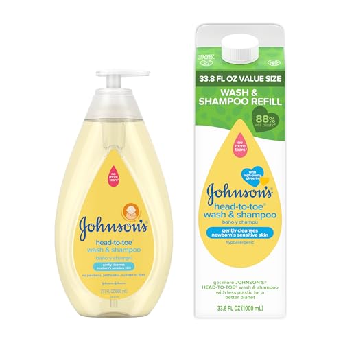Image of Johnson's Baby Head to Toe Bath Starter Kit, Hypoallergenic Wash & Shampoo for Sensitive Skin & Hair, 27.1 fl. Oz Bottle and 33.8 fl. Oz Value Size Refill Pack