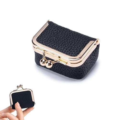 DOMELIFE Estojo de joias de viagem genuíno – Caixa de joias vintage Kiss Lock para mulheres, mini bolsa de moedas portátil, presente com fecho de latão antigo para colar de anéis e brincos (preta)