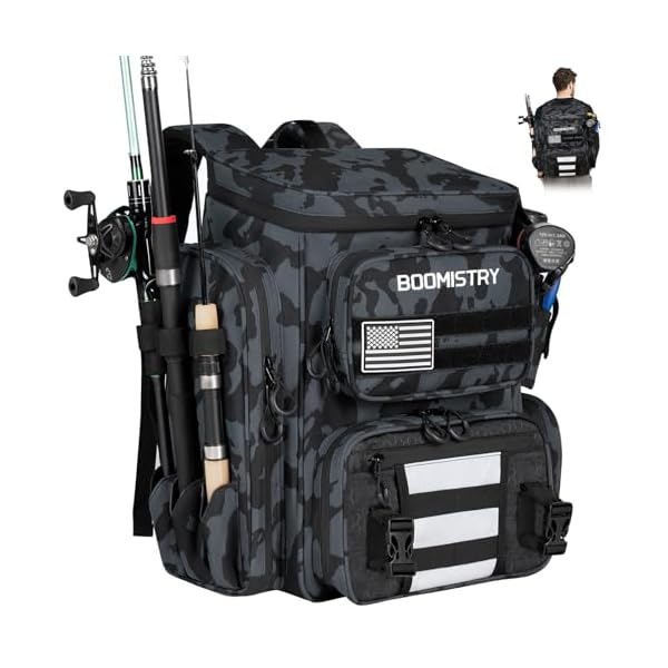 Boomistry 46L Fishing Backpack Tackle Bag with Rod Holders, Waterproof Rain Cover, Large Fishing Backpack with Bottle Holder for Fishing Gear and Equipment Outdoor Camping Hiking (Grey Camo)