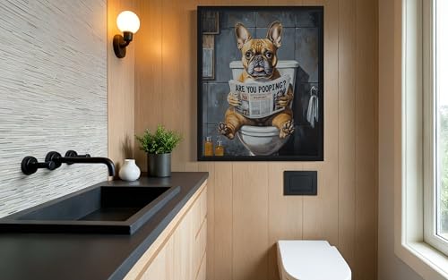 Image of French Bulldog on Toilet Black Framed Wall Art Print Poster, Dog Bathroom Humor Decor Posters Prints for Restroom Home Picture Painting Artwork Gallery 7 (French Bulldog, 10 inchL x 8 inchW, Black Frame)