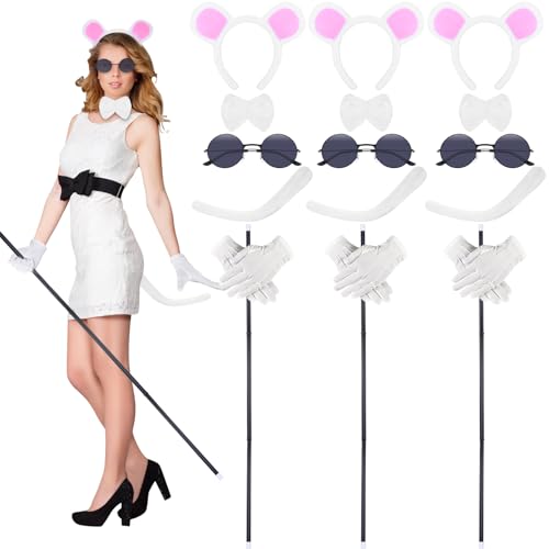 MJOGGOTT 18 Pcs Mouse Costume Cosplay Accessories Set, Mouse Headbands Ears Bow Tie Tail Round Sunglasses Blind Cane White Gloves