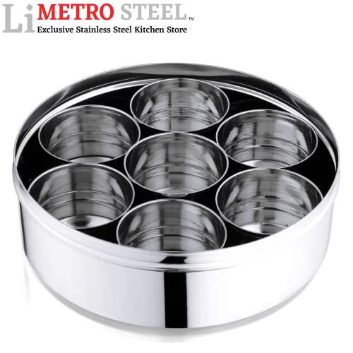 Image of LIMETRO STEEL Stainless Steel Spice Box with Mirror Lid (1 Container, 7 Bowls, 1 Spoons)