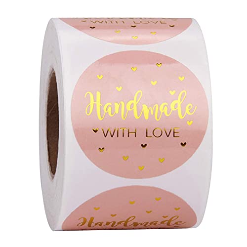 MajorCrafts 500 Labels per roll 2.5cm 1" Pink & Gold 'Handmade with Love' Printed Round Sticker Labels V019