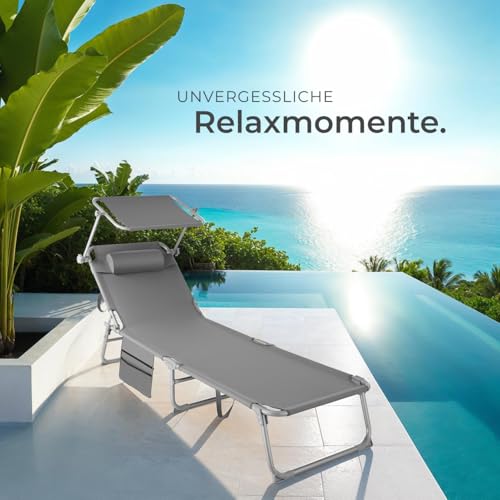 tectake® Sonnenliege klappbar, tragbar, Liege mit Seitentasche, Strandliege, Gartenliege mit Dach, Liegestuhl mit Verstellbarer Rückenlehne, inkl. Kopfkissen - für Balkon, Terrasse, Camping - grau