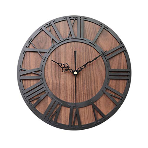 PASATO 12 inch Wall Clock Wall Decoration European Retro Wooden Roman Digital Craft Quiet Battery Operated Wall Clock Living Room Decorative(Black,One Size)