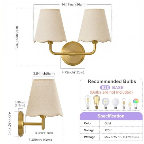 Image of Bathroom Vanity Lights 14 inch Dimmable Gold Vanity Lighting 2-Light