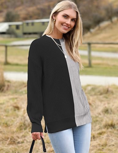 Image of Zeagoo Women 2026 Fall Lightweight Oversized Sweater Crew Neck Long Sleeve Color Block Pullover Rib Knit Blouse Tops XS-2XL