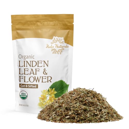 Halo Naturals Organic Linden Leaf & Flower Cut & Sifted, 4 Ounces (Tilia europaea) USDA Certified | Resealable Pouch| Packaged in The USA