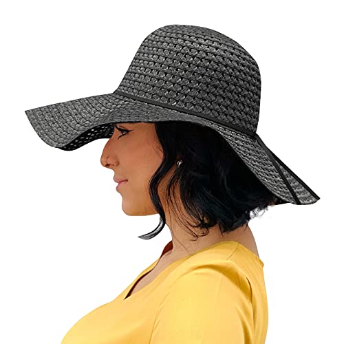 Sowift Women's Wide Brim Beach Hats Summer Straw Hats Floppy Roll Up Packable Sun Visor Hats with Wind Lanyard for Women Black