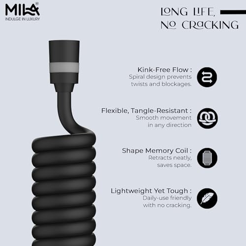 Image of Mila Telephonic Hose for Bathroom - 2 Meter, Black| Flexible PU Shower Hose Pipe /Jet Spray Pipe /Bidet Sprayer Hose | Explode-Proof Spring Coil Design | 1.5 Yr Warranty