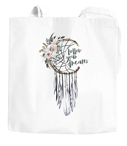 Yute bolsa - Atrapasueños Follow Your Dreams Alemán Flores plumas Alemán boho funda de algodón bolsa de tela Autiga, Dreamcatcher Weiß, 2 lange Henkel Cover