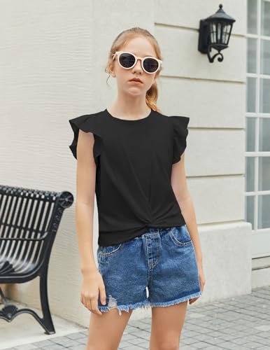 Image of Arshiner Girls Shirt - Short-Sleeve Twist Front T-Shirt for Girls with Cute Flying Sleeves - Summer Blouse Tunic Tee Tops