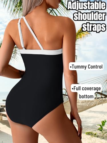 One Shoulder Color-Block Swimsuit, Modest Full-Coverage, Vacation Pool Party3