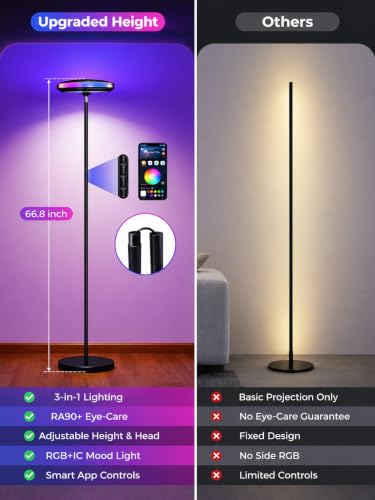 Image of Smart Floor Lamp for Living Room, 3-in-1 RGB+WW Ripple Projector Floor Lamp with RGB+IC Ambient Light and RA90 Reading Light, App & Button Control, Dimmable Modern Corner Floor Lamp, 66.8 Inch