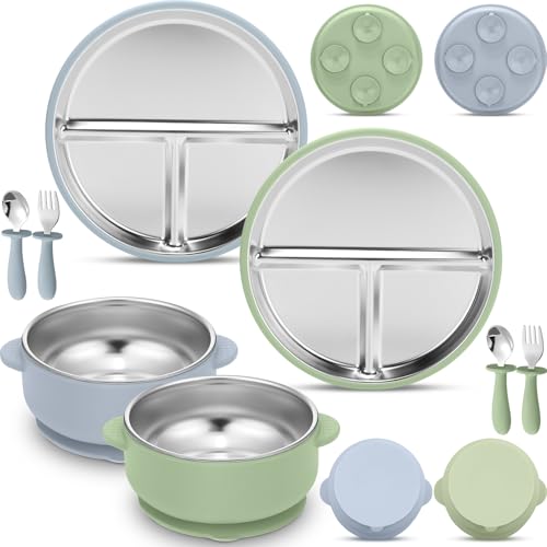 Image of Nuogo 8 Pcs Stainless Steel Kids Plates and Bowls Set with Suction Stainless Steel Baby Plate, Toddler Bowls, Forks, Spoons with Removable Silicone Suction Silicone Baby Feeding Set, Dishwasher Safe