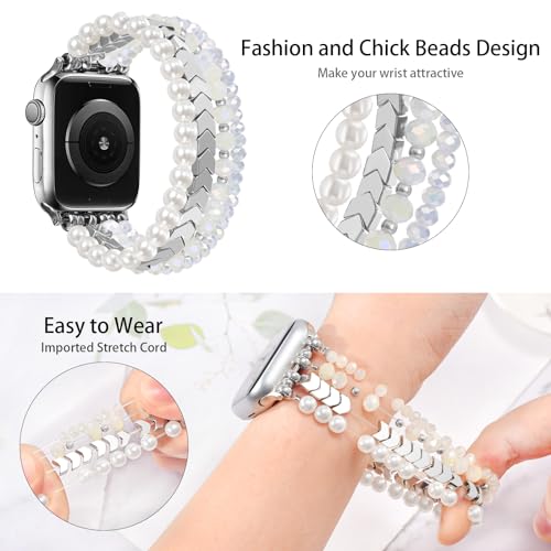 Image of MOFREE Beaded Bracelet Compatible with Apple Watch Band 38mm /40mm /41mm /42mm, Fashion Elastic Stretch Women Bands for iWatch Series 11 /10 /9 /8 /7 /SE /6 /5 /4 /3 /2 /1 iPhone Watch Strap Bands (White /Yellow)