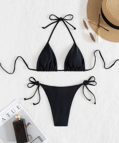 Image of Tainehs Women's Sexy Halter Thong Bikini Tie Two Sides Bottom Triangle Bikini Swimsuits