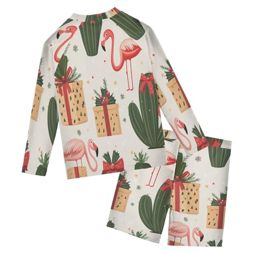 Xmas Flamingo Cactus Boys Swimsuit Rash Guard Toddler Kids Long Sleeve Swim Shirt and Trunks Swimwear Set 3-10Y2
