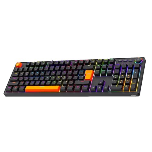 Image of FINGERS Macho-MK1 Wired Mechanical Gaming Keyboard, Black + Orange | Full-Size 104 Keys, Linear Switches, 17 RGB Modes, Multi-Function Knob, 26 Anti-Ghosting Keys
