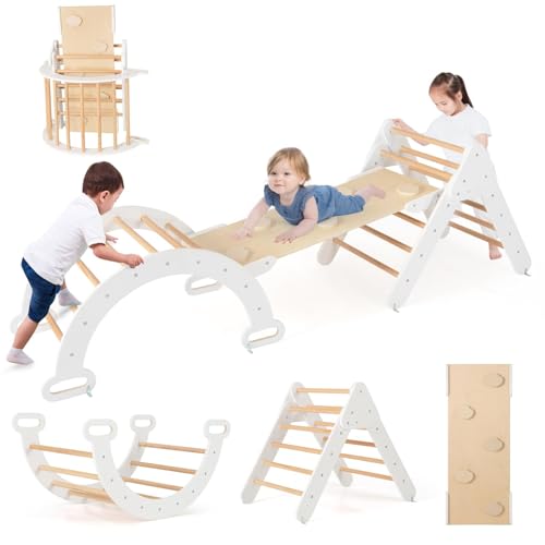 FANTASK 4 in 1 Klettergerüst mit rutsche, Kletterdreieck Holz inkl. doppelseitige Rampe & Kletterboge & Wippen, Sprossendreieck Spielplatz für Kinder ab 1 Jahr, Weiß FANTASK 4 in 1 Klettergerüst mit rutsche, Kletterdreieck Holz inkl. doppelseitige Rampe & Kletterboge & Wippen, Sprossendreieck Spielplatz für Kinder ab 1 Jahr, Weiß
