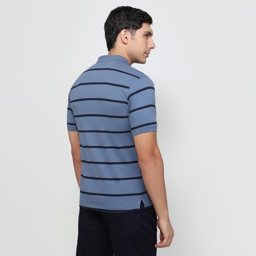 Image of Raymond Men Modern Fit Stripe Pattern Pure Cotton Polo Neck Half Sleeve Casual T-Shirt