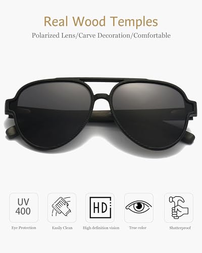ANRRI Wood Sunglasses UV Protection Polarized Lenes Classic Aviator Wooden Frame for Men and Women2