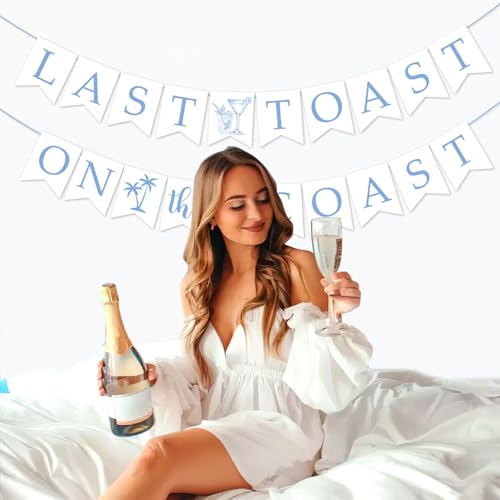 Image of Last Toast on the Coast Bachelorette Party Banner Coastal Bachelorette Party Decorations Blue White Shell Champagne Palm Tree Garland Banner for Girl Beach Bachelorette Bridal Shower Party Supplies