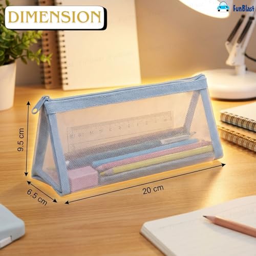 Image of FunBlast Mesh Pencil Case with Smooth Zipper, Single Layer Multi-Purpose Stationary & Pen Pouch for Boys & Girls, Transparent Stationary Bag, Organizer Pouch for Student (Light Grey-C)