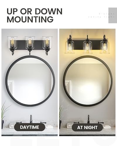 Image of zeyu Black Bathroom Vanity Light, 20.5 Inch Bathroom Light Fixtures Over Mirror, 3-Light Modern Wall Sconces with Clear Glass Shade, ZSL72B-3W BK