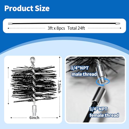 Image of 6 Inch Chimney Brush and 24 Ft Fiberglass Chimney Rod Kit for Hearth Fireplace, for Straight Chimney Pipes and Flue Only, 1 /4 inch NPT Fittings
