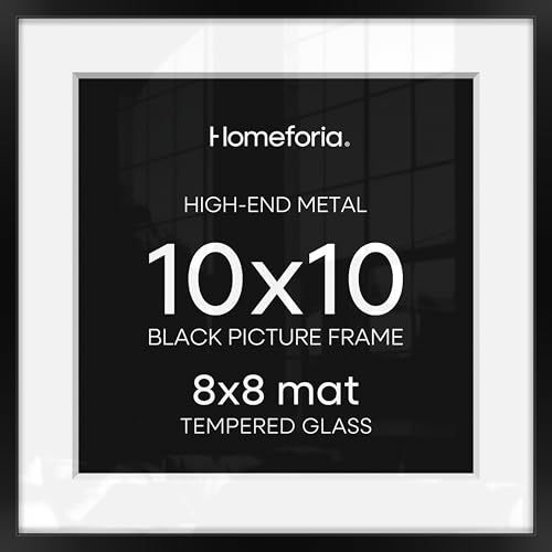 Image of Homeforia 10x10 Black Picture Frame, High-End Metal, 8x8 Mat, Glass | High End Aluminum, Tempered Glass, Acid-Free 8x8 Removable Mat, 10x10 in Edge-to-Edge Display 10x10, Wall Kit, Set Of 1