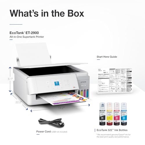 Image of Epson EcoTank ET-2900 Wireless All-in-One Color Supertank Printer with up to 3 Years of Ink, Refillable Tanks, Perfect for Home, 11 PPM, 1.44 inch Color Screen, Built-in Scanner - White