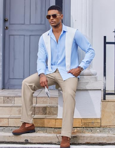 COOFANDY Mens Classic Casual Dress Pants Expandable Waist Suit Pant for Men Flat Front Slacks Light Khaki3